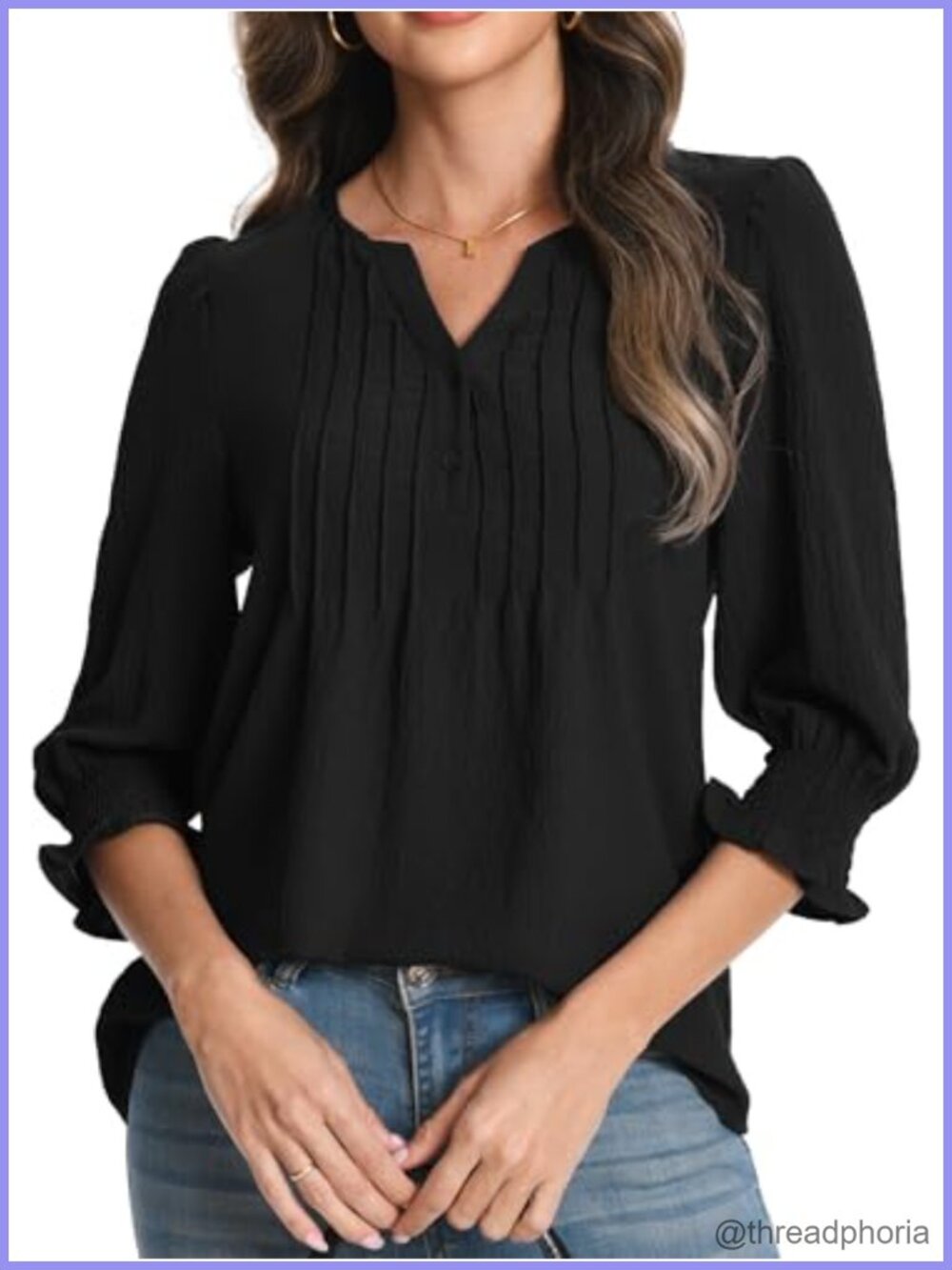 Women's 3/4 Sleeve V Neck Pleated Button Down Blouse Business Casual Top
